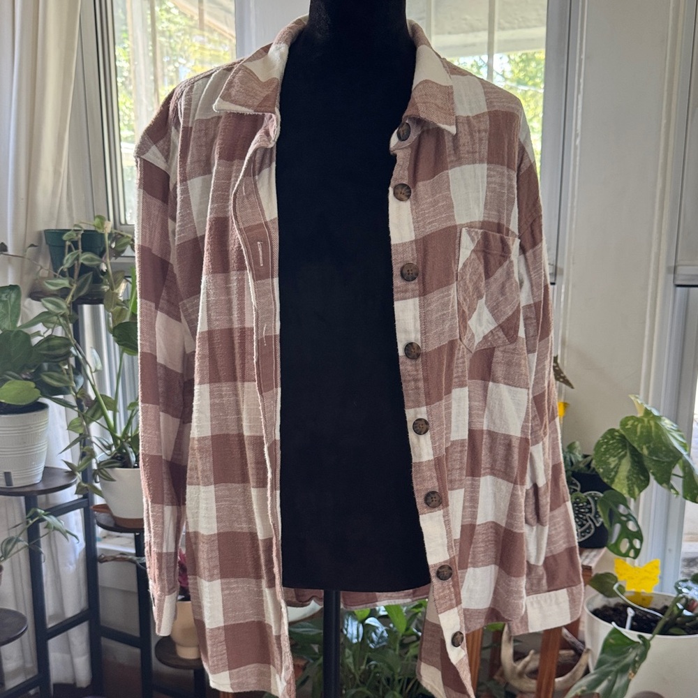 Maurices Brown and White Plaid Button Down Shirt